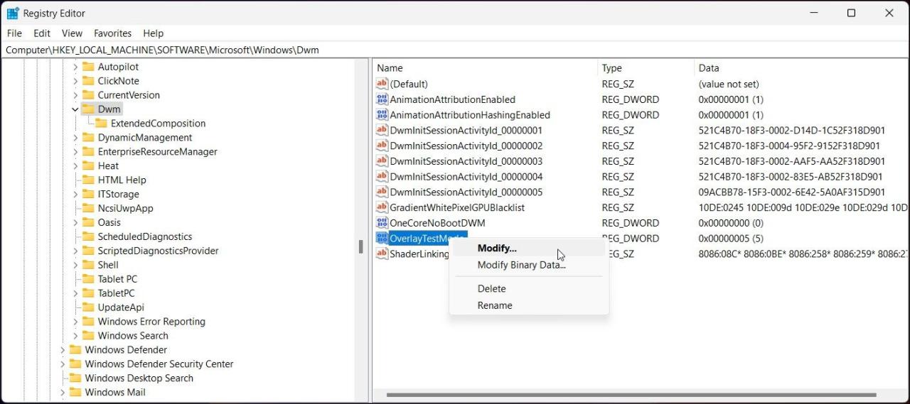 registry editor dwm new DWORD overlay Test mode modify