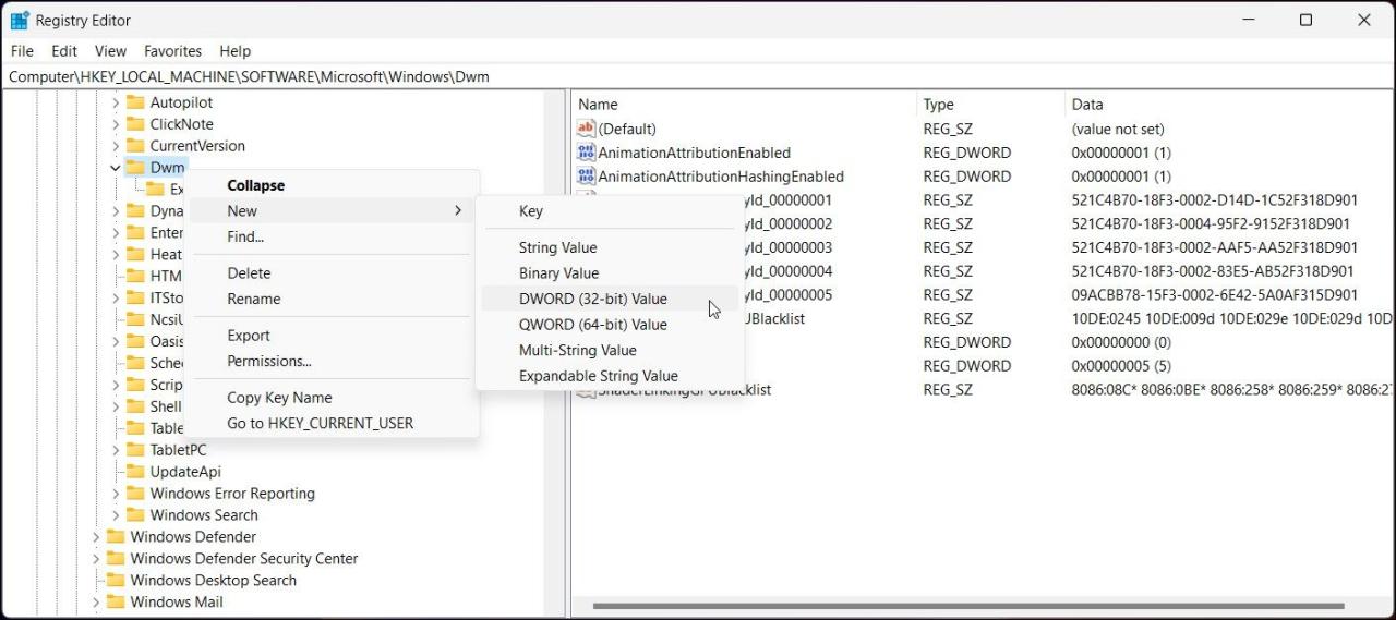 registry editor dwm new DWORD overlay Test mode