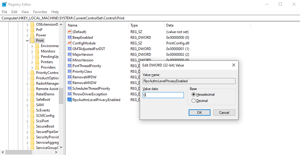 registry editor modify rpcauthlevelprivacyenabled 0 disabled