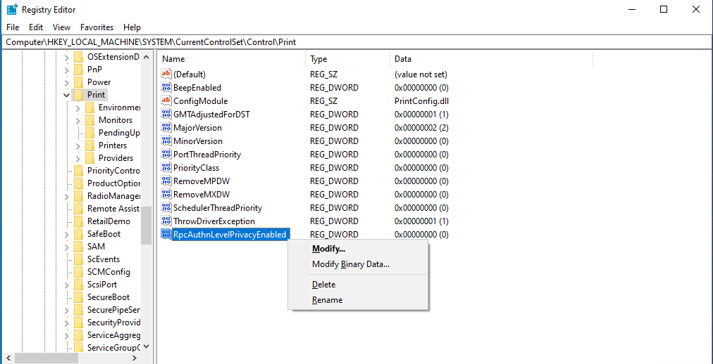 registry editor modify rpcauthlevelprivacyenabled