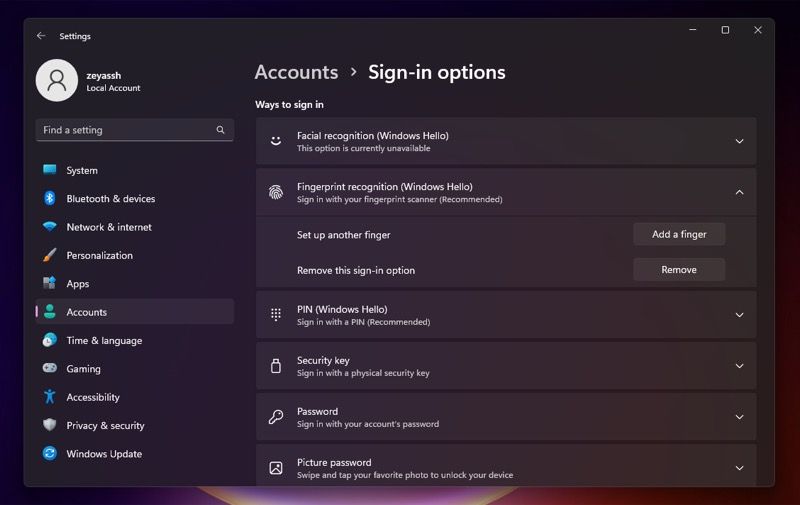 removing Windows Hello fingerprint login on Windows 11