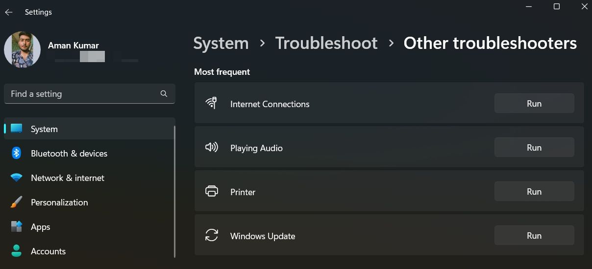 Run Troubleshooter in the Settings app