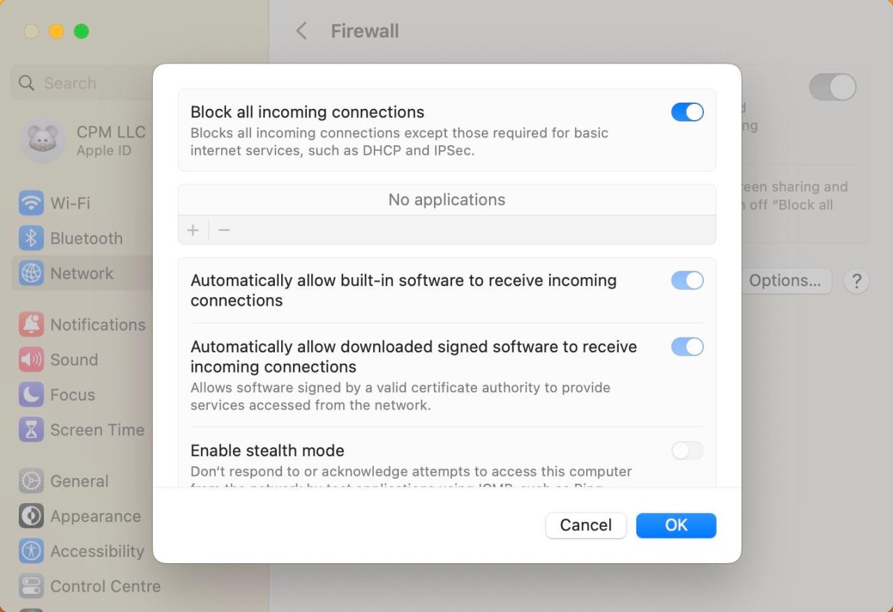 Screenshot of Firewall Options in System Settings