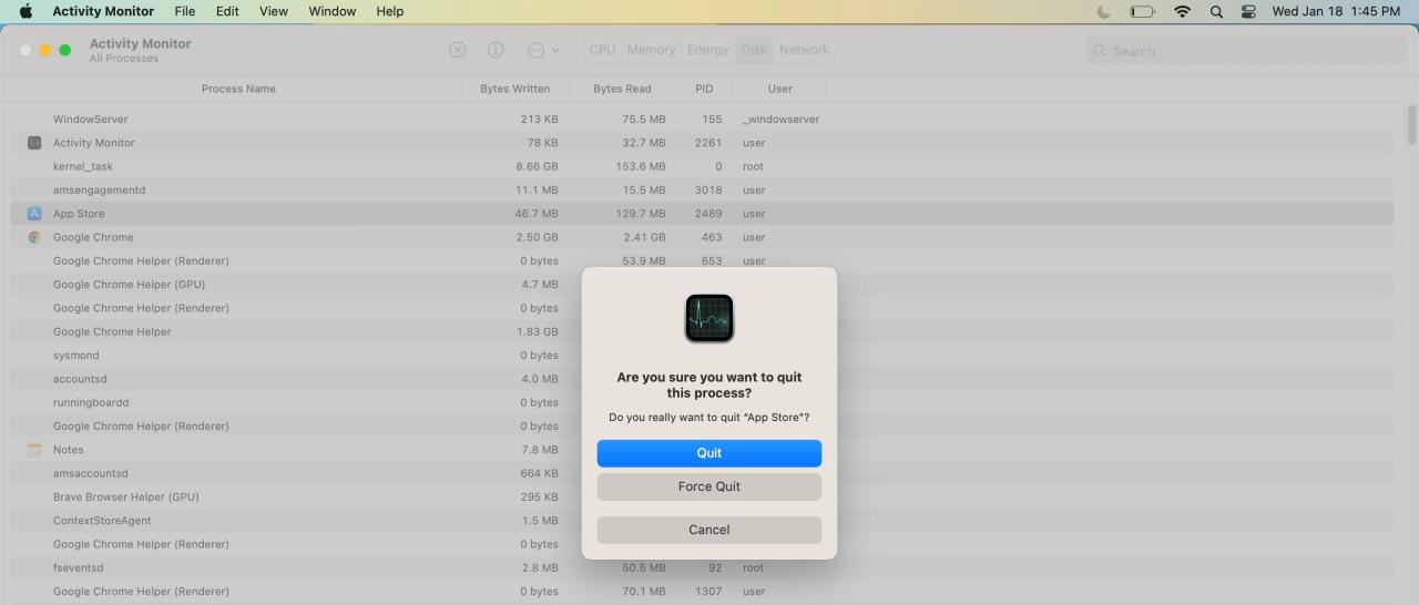 Screenshot of Force Quitting via Activity Monitor