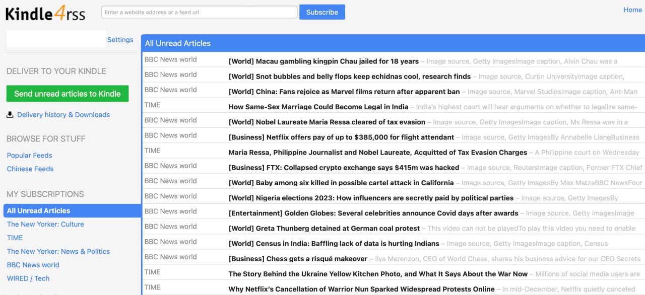 Screenshot of Kindle4RSS feed