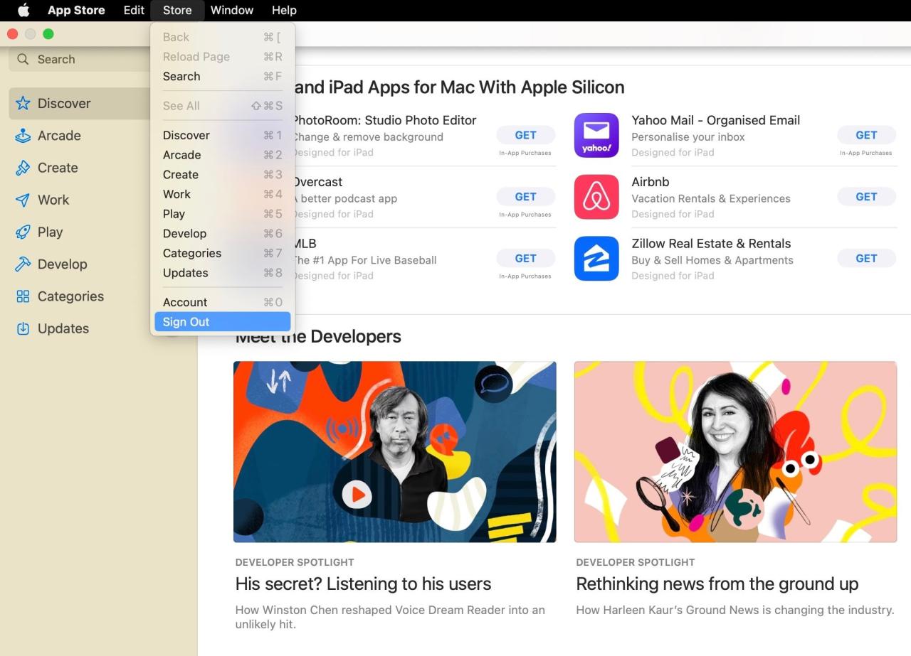 Screenshot of signing out of the Mac App Store via Store