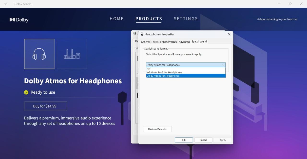 Select Dolby Atmos for Headphones in Spatial Sound