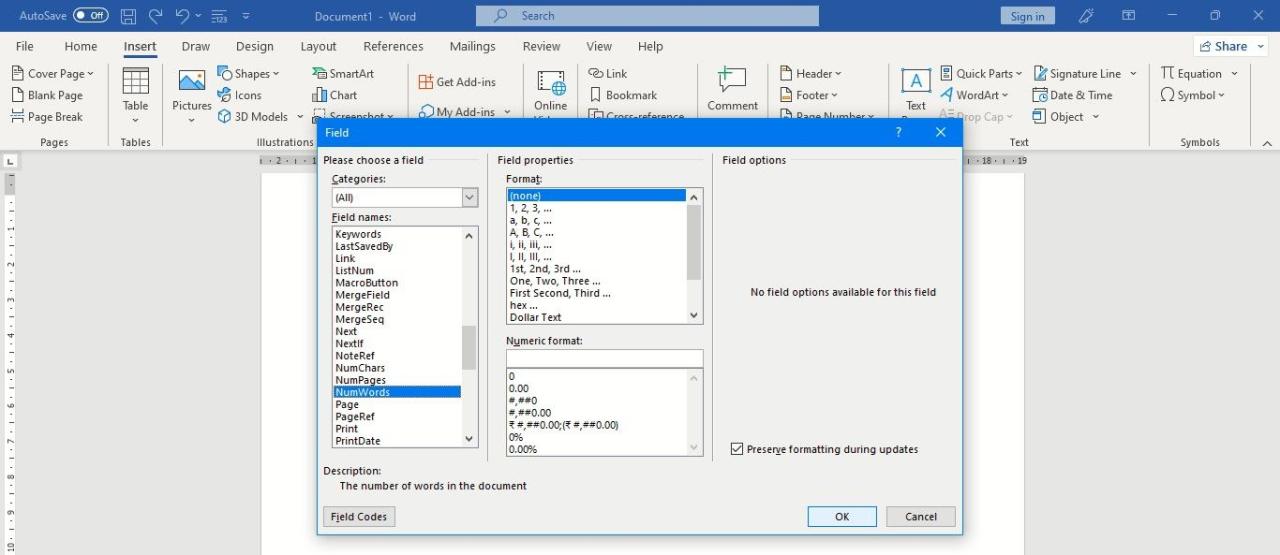 NumWords Field in Filed List 