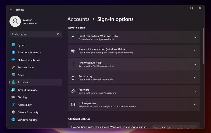 Windows Hello PIN sign-in option 