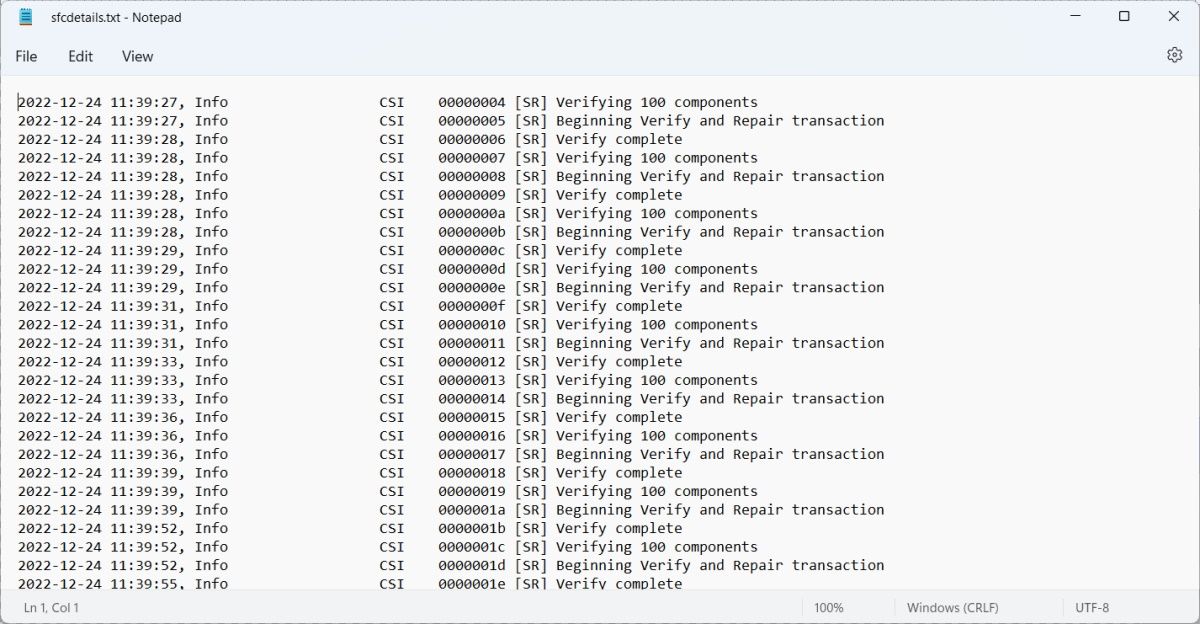 the sfc details text file on Windows opened in Notepad