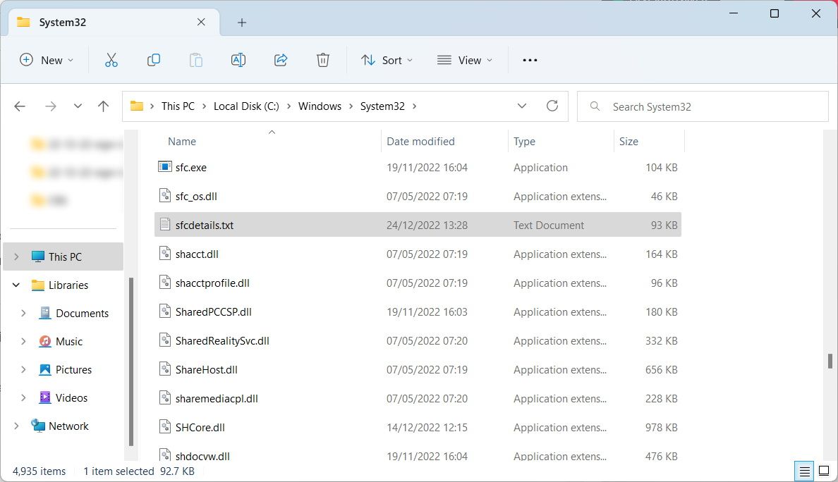 the sfc details text file in File Explorer on Windows 11