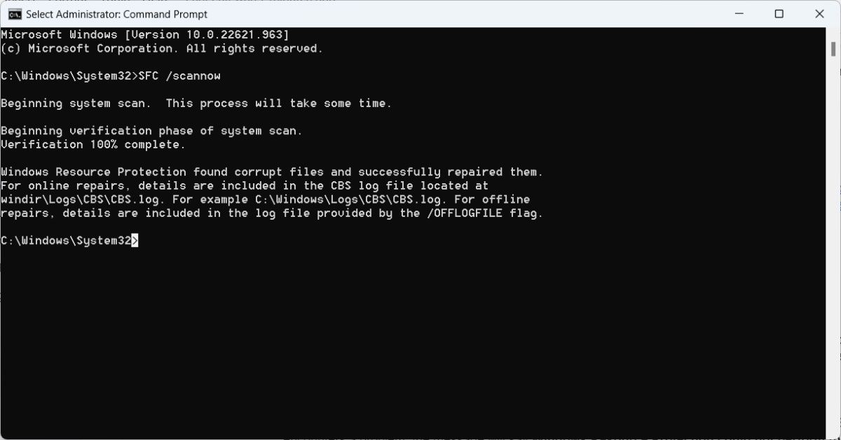 the results of an sfc scan in Command Prompt on Windows