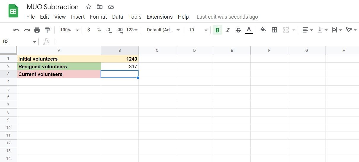 Two cells awaiting subtraction in Google Sheets