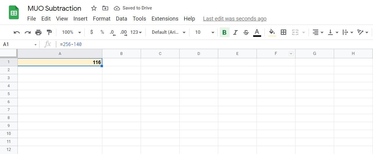 Numbers subtracted in Google Sheets.