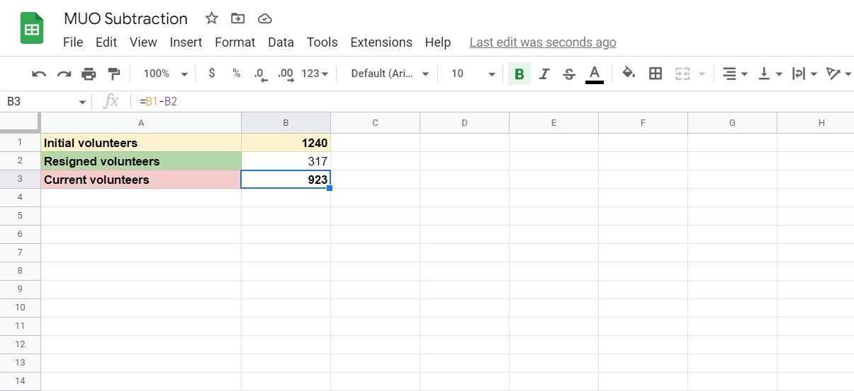 Two cells subtracted in Google Sheets