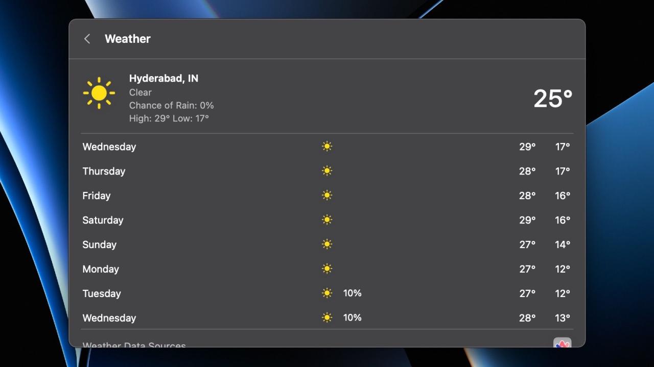 Hyderabad weather conditions in Spotlight on macOS