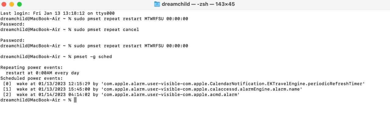 Terminal command line with view schedule command