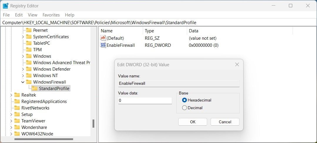 Turn Off the Firewall Using Registry Editor