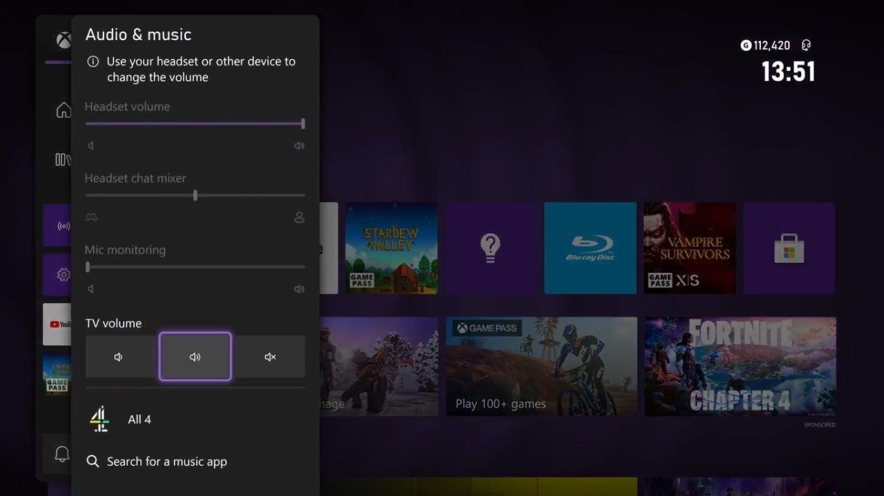 A screenshot of the Audio and Music section of the Xbox Guide on Series X with TV Volume controls highlighted 