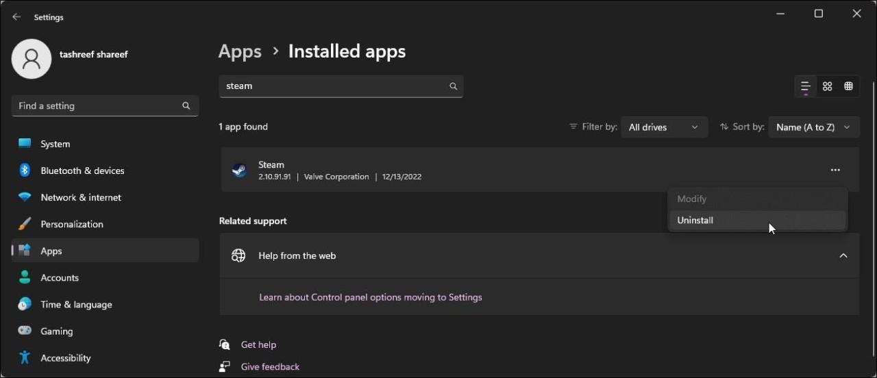 uninstall apps windows 11