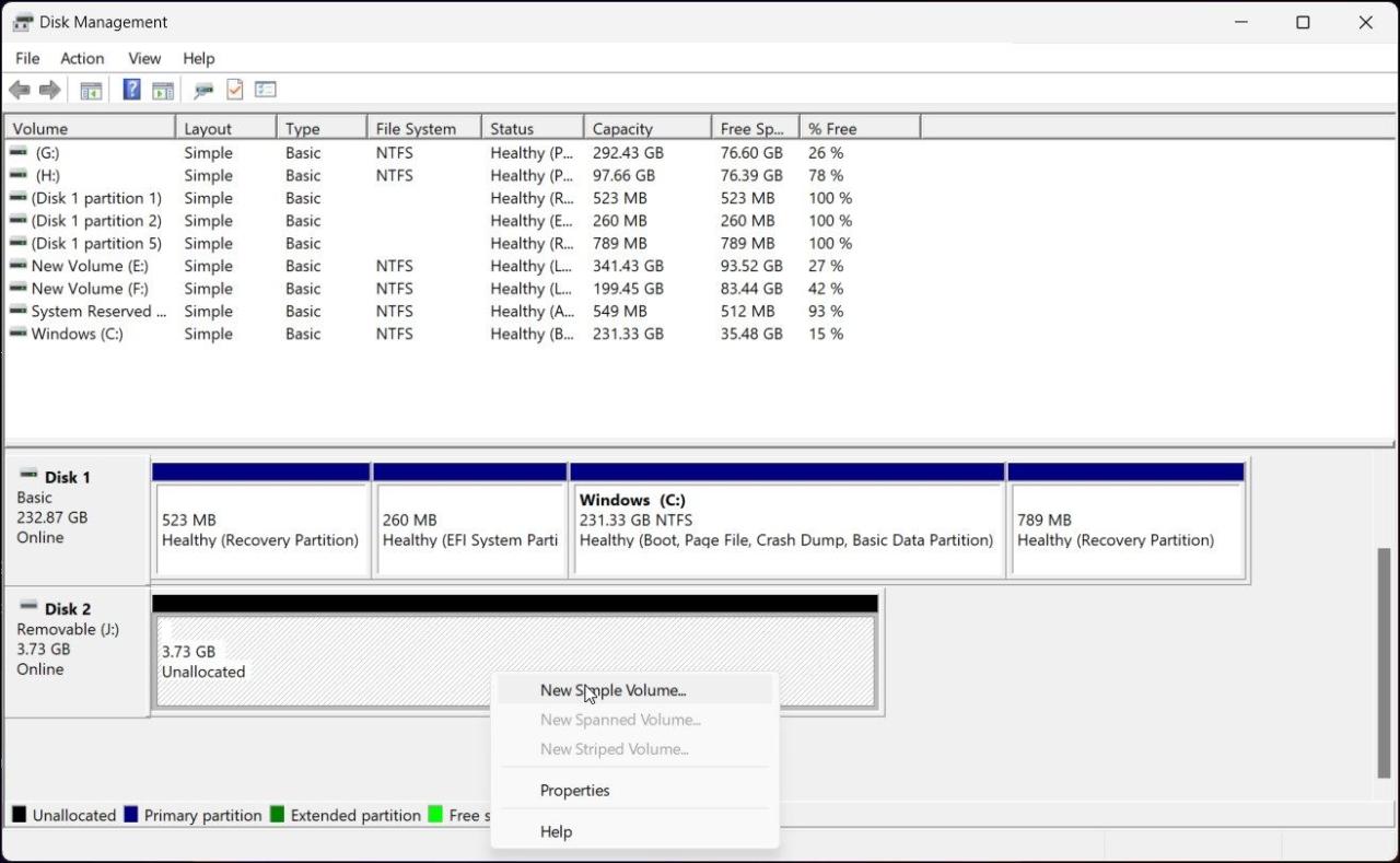 usb drive new simple volume disk management