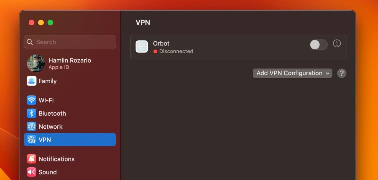 VPN settings in macOS