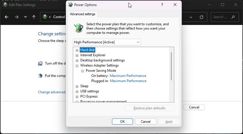 wireless network adapter power option settings maximum performance