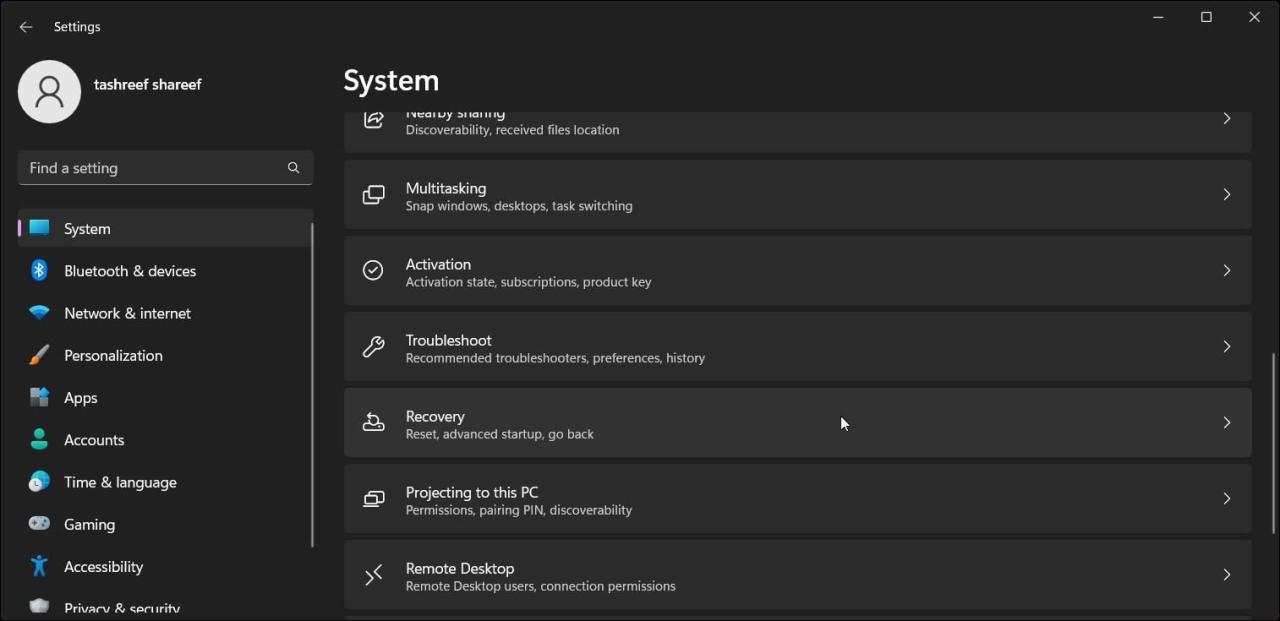 Windows 11 settings recovery