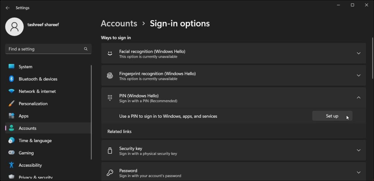 windows 11 sign in options set up pin