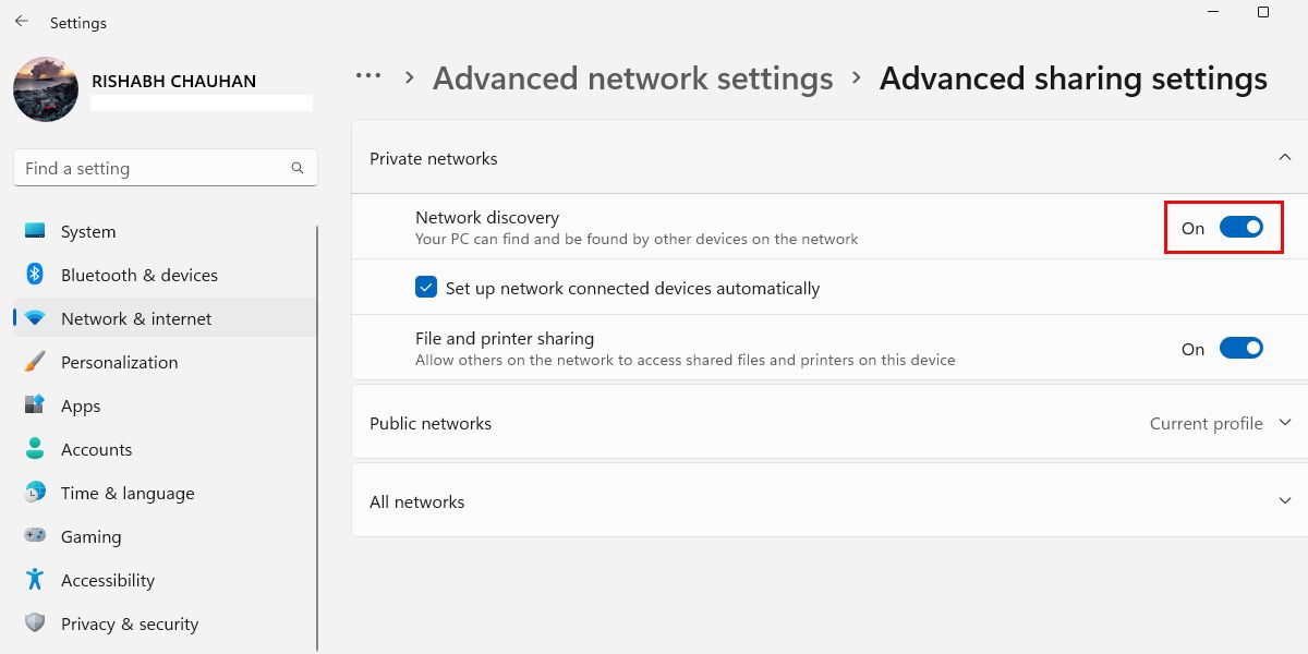 Windows Advanced Sharing Settings