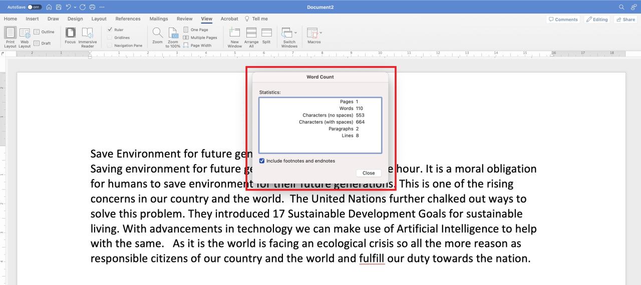 Word Count Box in a Word Document on MacBook