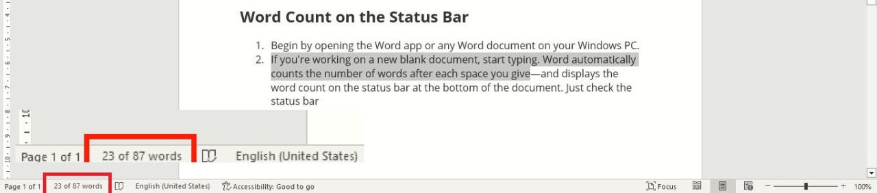 Word Count of Selected Text on Status Bar