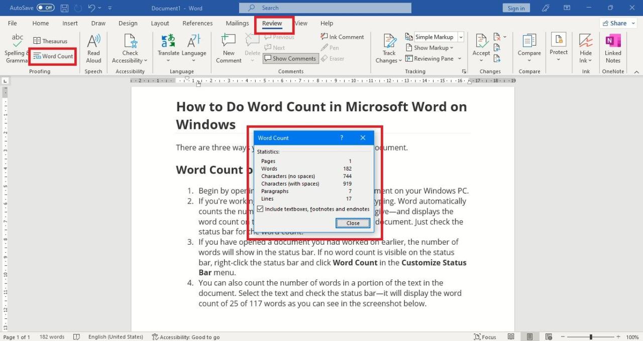 Check Word Count in Word Count Box Via Review Tab