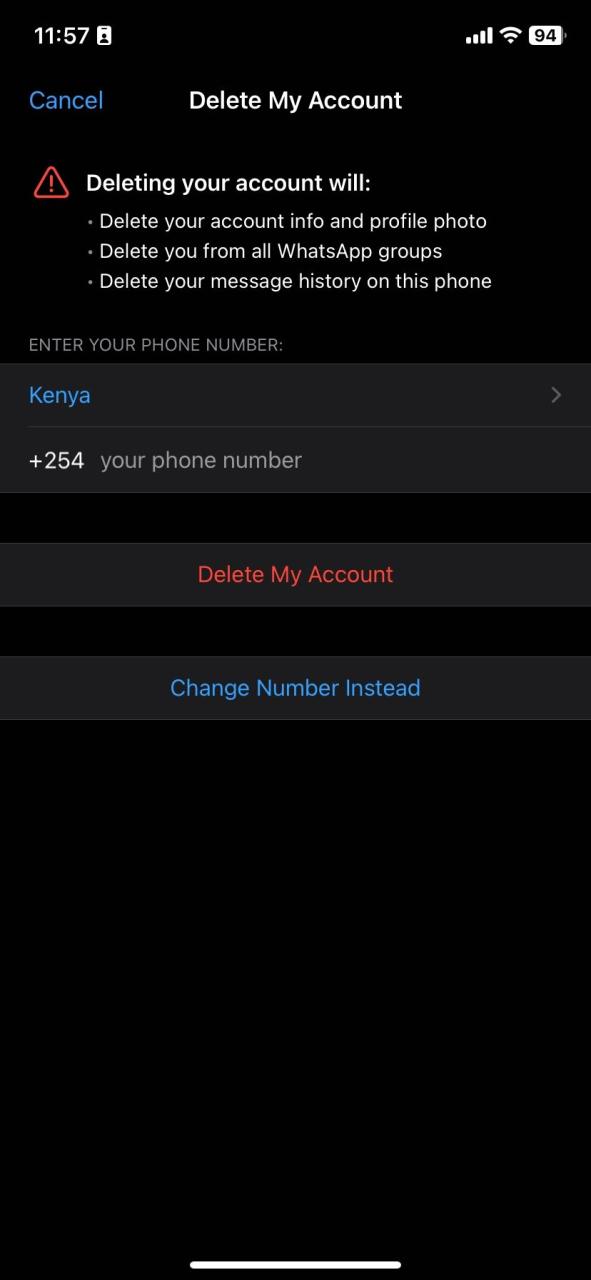 Entering a WhatsApp number for account deletion