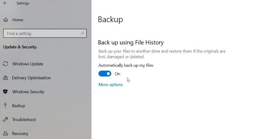 Drive Connected to Automatically Back up the Files in Windows 10 Settings App\'s Recovery Backup option