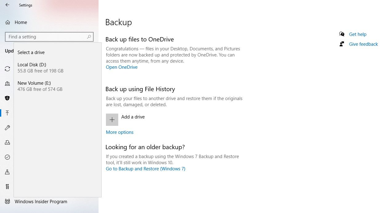 Selecting a Drive to Create a Backup using File History in Windows Settings