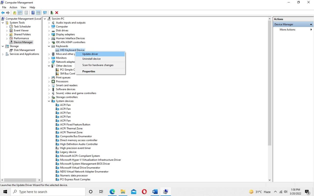 Updating Keyboard Driver in Device Manager Settings in Windows