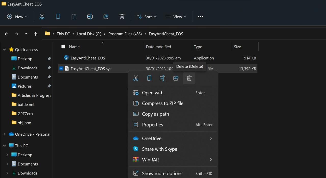 Deleting the EasyAntiCheat.Sys File in Windows File Explorer