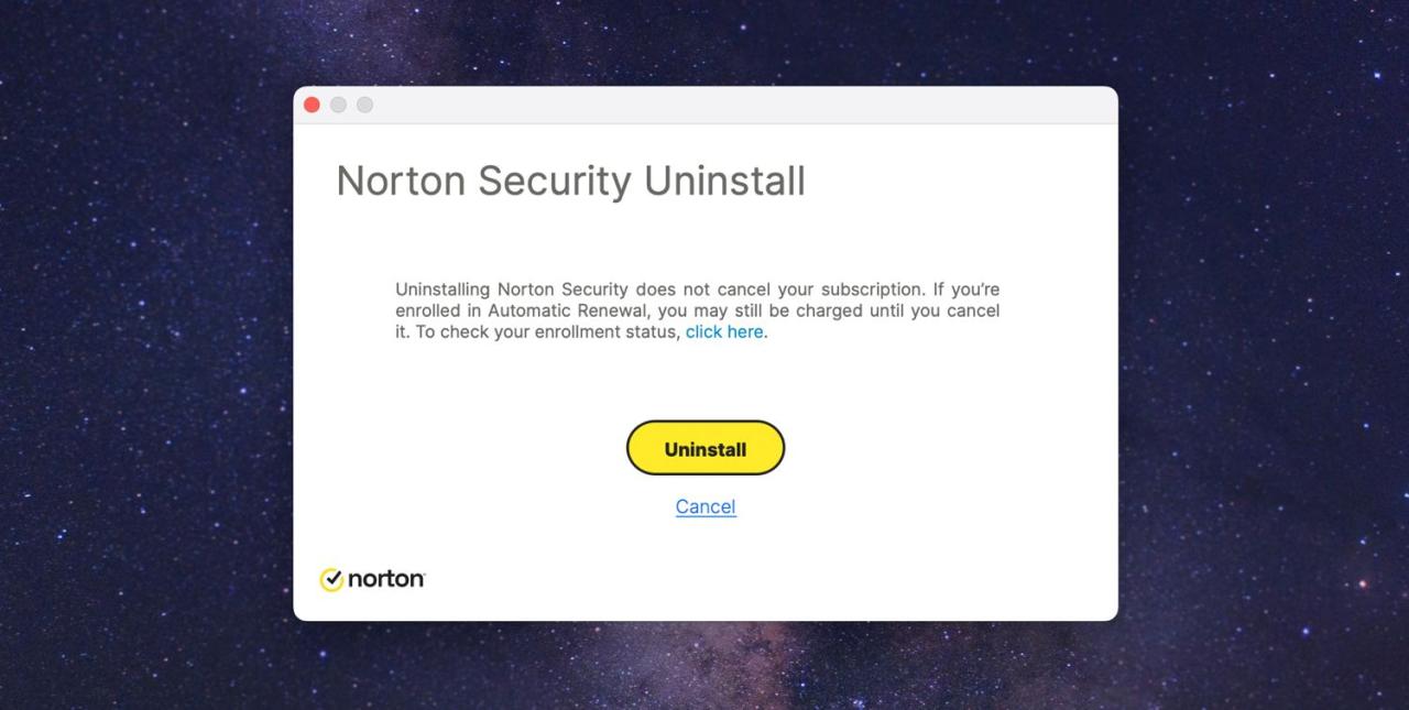 The Norton Security Uninstall tool on a Mac desktop.