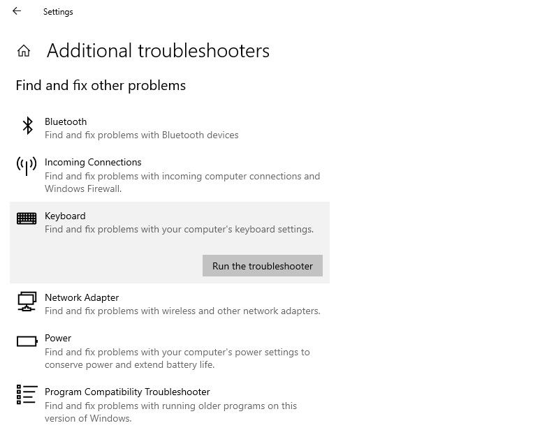 Running Keyboard Troubleshooter in Windows