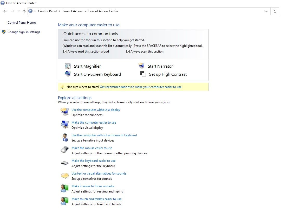 Keyboard Settings in Ease of Access Centre in Control Panel