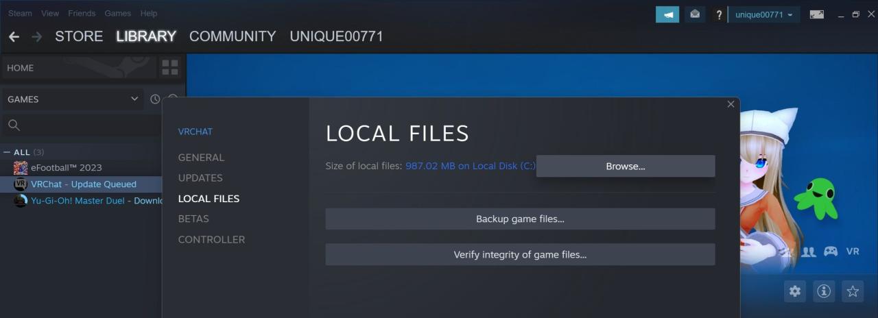 Clicking on the Browse Button in Local Files Tab in the Properties Window of a Game in Steam Client