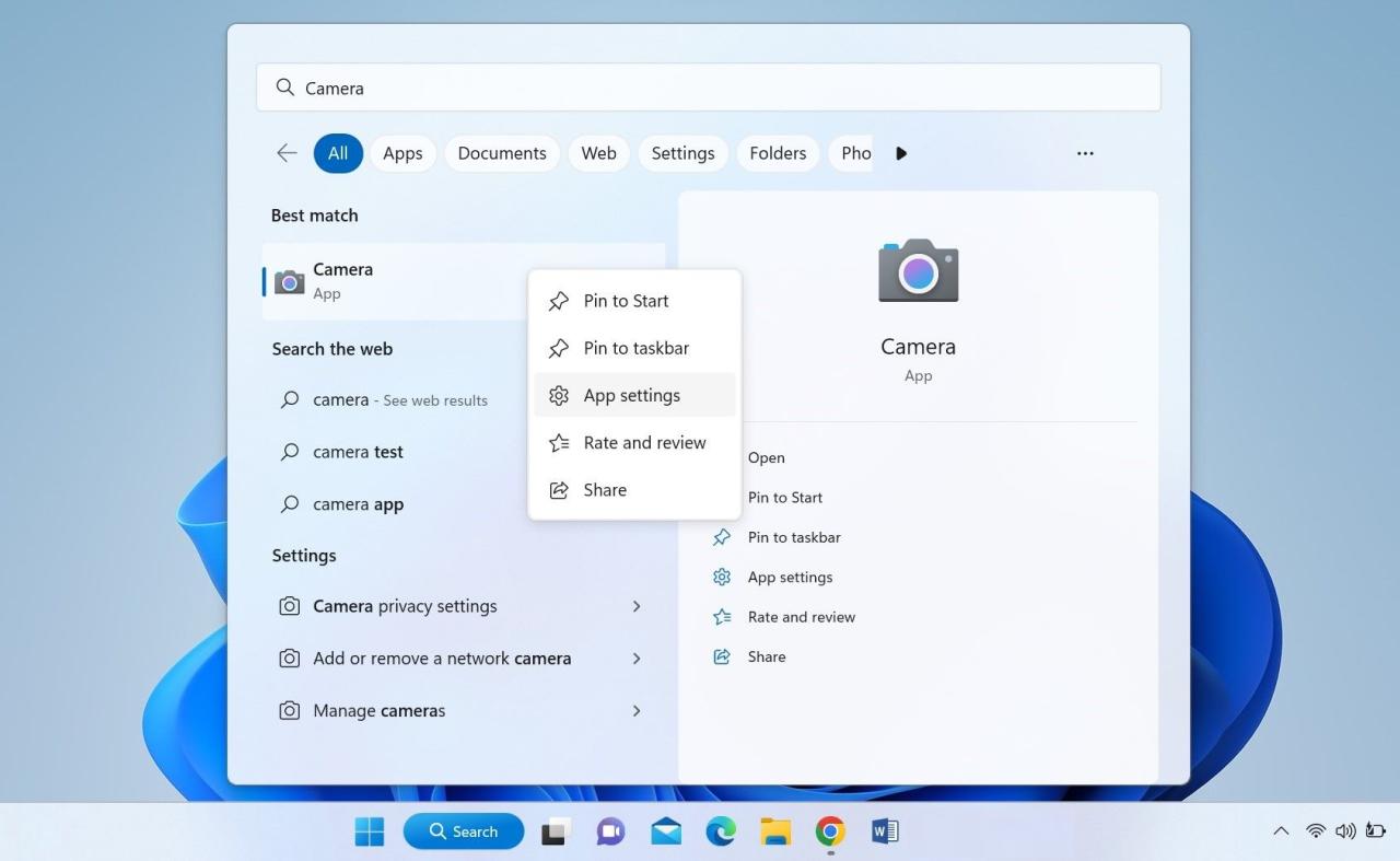 Going to the App Settings by Right-clicking on the Camera App in Windows Search