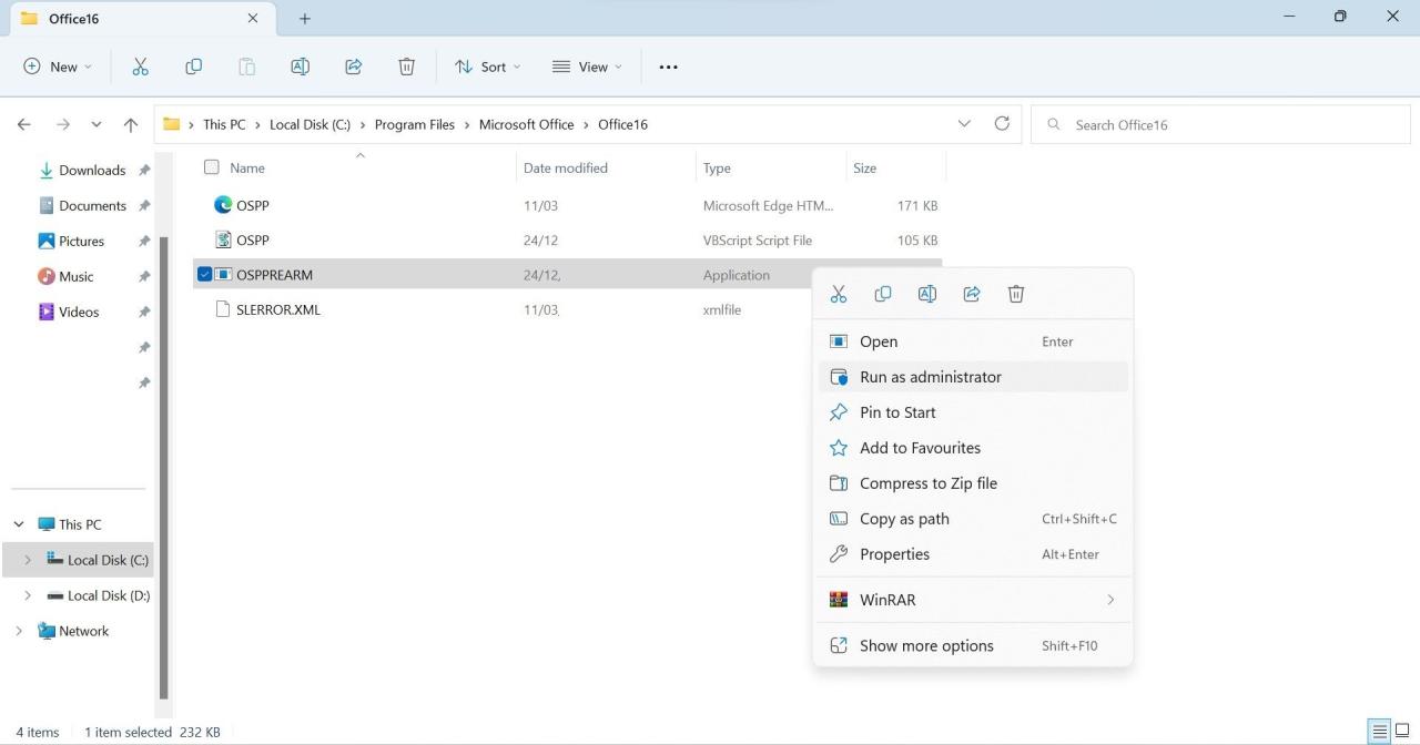 Running the OSPREARM Executable File as an Administrator in Windows File Explorer