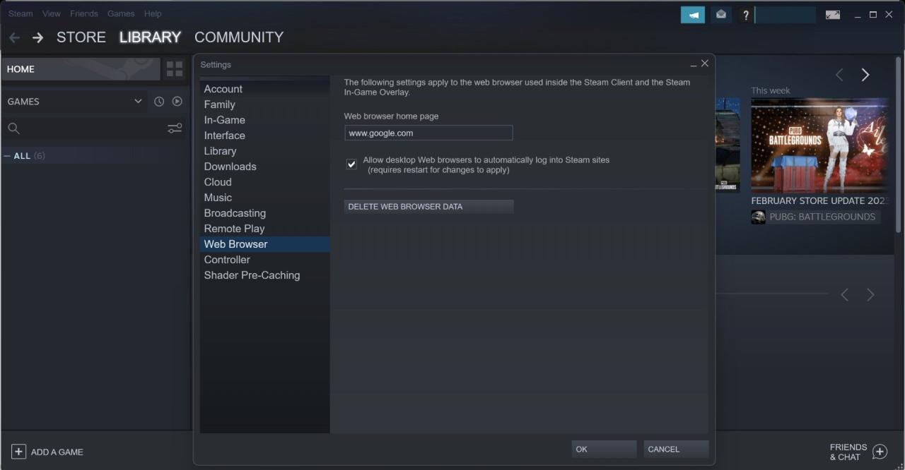 Delete the Web Browser Data From the Web Browser Tab of Steam Settings