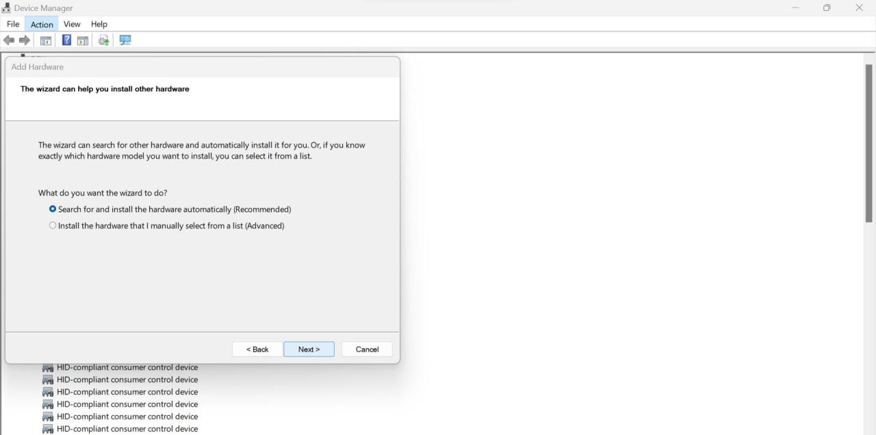 Clicking on the Next Button After Selecting the Search For and Install the Hardware Automatically Recommended Option in the Add Hardware Wizard