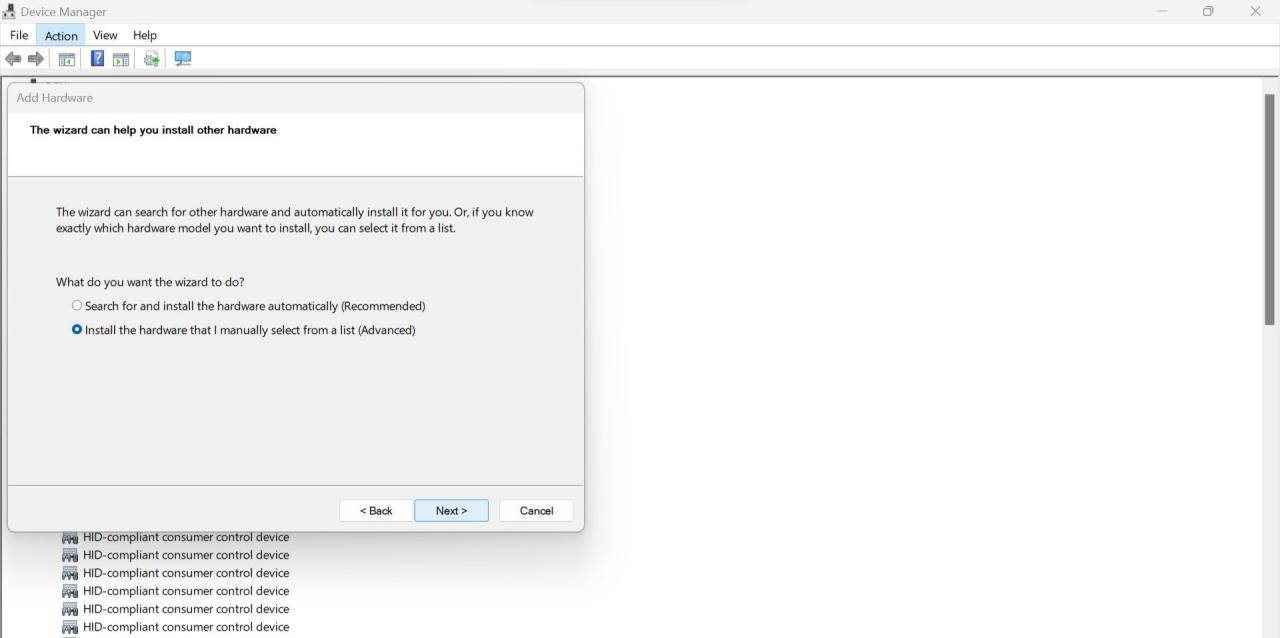 Clicking on the Next Button After Selecting Install the Hardware That I Manually Select From a List Advanced Option in the Add Hardware Wizard