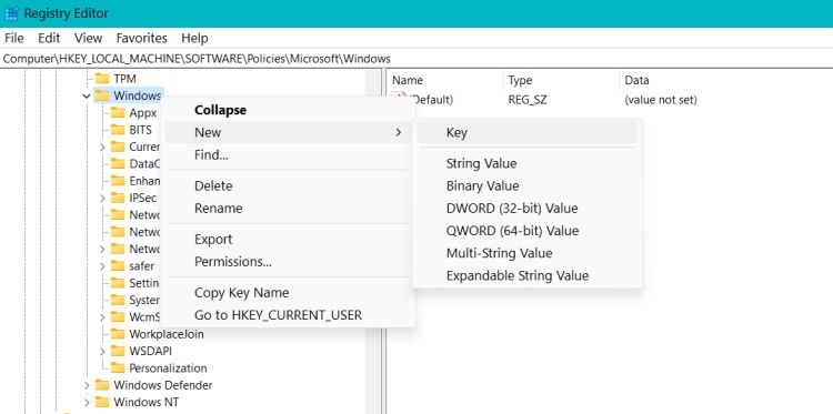 Creating a new key in Registry editor 