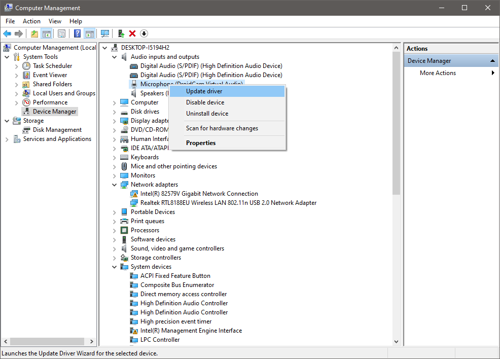 Updating Driver in Computer Management Settings