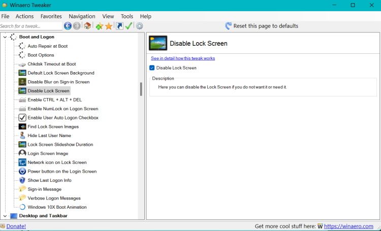 Disable lock screen in Winaero Tweaker